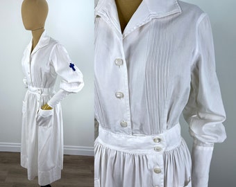 Vintage 1940s White Cotton Nurse Uniform With Embroidered Blue Cross on the Left Sleeve and Tiny Pintucks on the Bodice