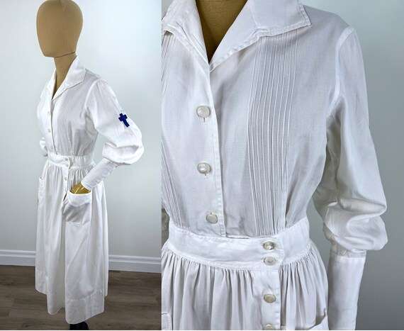 Vintage 1940s White Cotton Nurse Uniform With Emb… - image 1