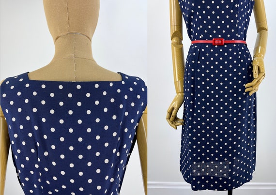 Vintage 1960s Navy and White Polka Dot Sheath Dre… - image 7