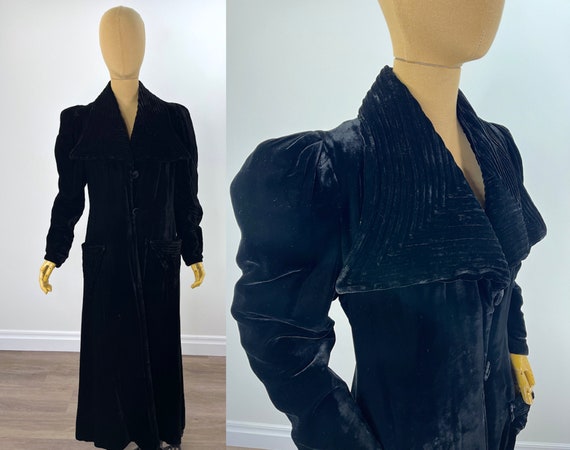 Vintage 1930s Black Silk Velvet Evening Coat with… - image 1