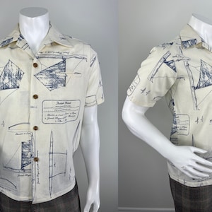 Vintage 1960s Men&#39;s White Hawaiian Shirt with Blue Sailboat Sketches.  Sailing Blueprint Hawaiian Shirt.  His Royal Highness Size Small