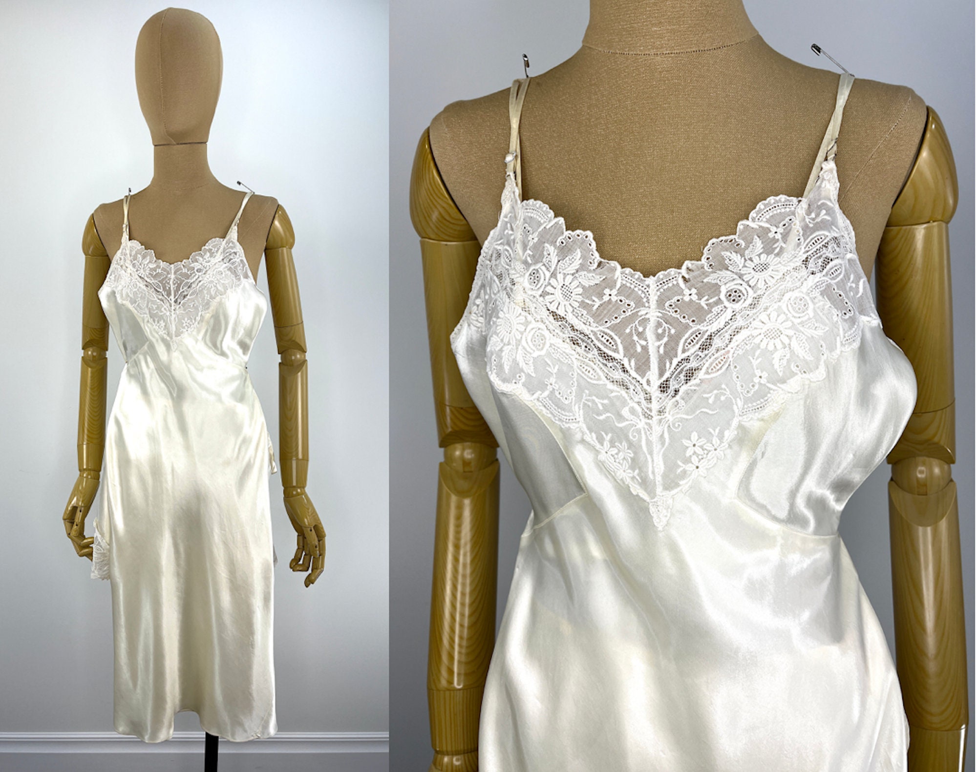 Vintage 1940s/1950s White Silk and Lace Slip Set With Dress Slip and Shorts.  Vintage Lingerie Set of Slip and Bloomers -  Sweden