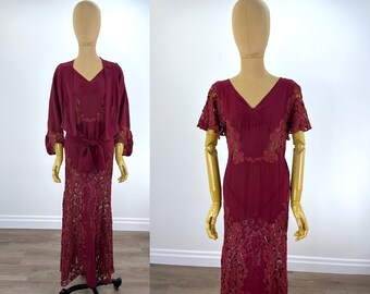 Vintage 1930s Burgundy Chiffon and Lace Bias Cut Dress and Jacket Set with Tie at Waist and Angled Bishop Sleeve