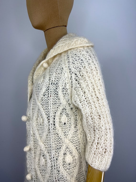 Vintage 1960s/1970s Fuzzy Ivory Hand Knit Cardiga… - image 6