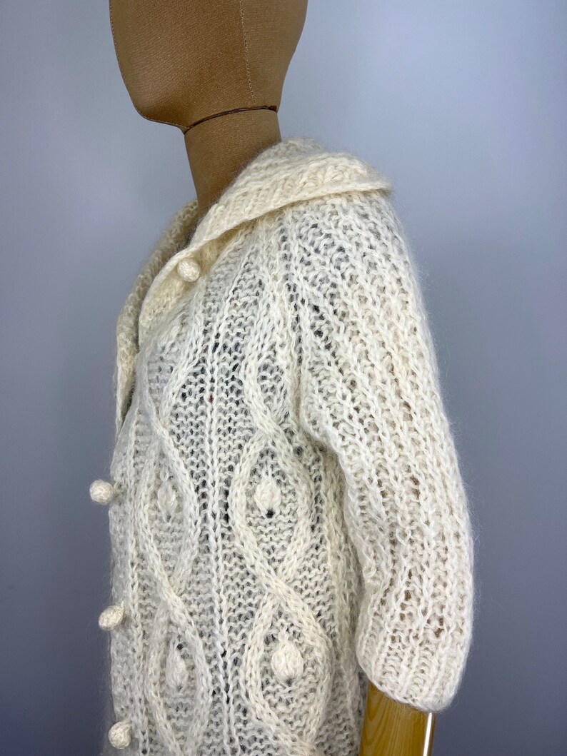 Vintage 1960s/1970s Fuzzy Ivory Hand Knit Cardigan by Montgomery Ward, Cable Knit Cardigan image 6