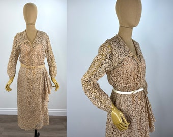 Vintage Late 1930s/Early 40s Lace Dress with Hip Waterfall Drape & Blush Slip, Matching Belt, Original Owner Anna Frances Parker. For Study