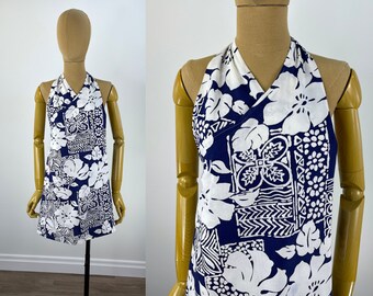 Vintage 1960s Blue and White Floral Hawaiian Wrap Halter Mini Dress.  Versatile Wrap Dress