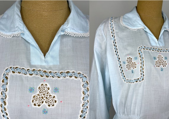 Vintage Pale Blue Cotton Nightgown with Crocheted… - image 7