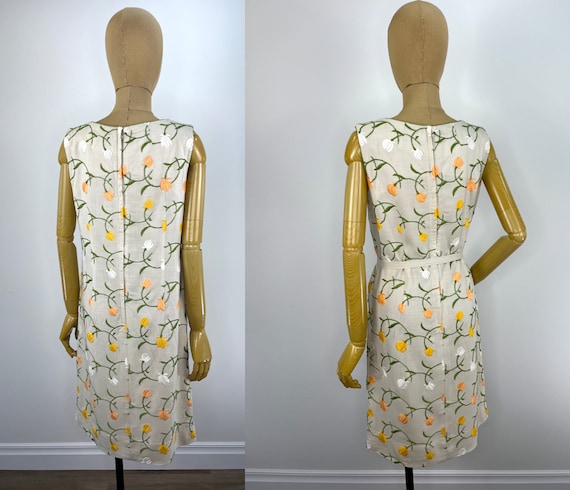 Vintage 1960s Beige Linen Sheath Dress with Multi… - image 6