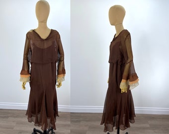 Vintage Late 1920s/Early 1930s Brown, Beige and Orange Chiffon Dress for Study, Inspiration or Pattern, As Is