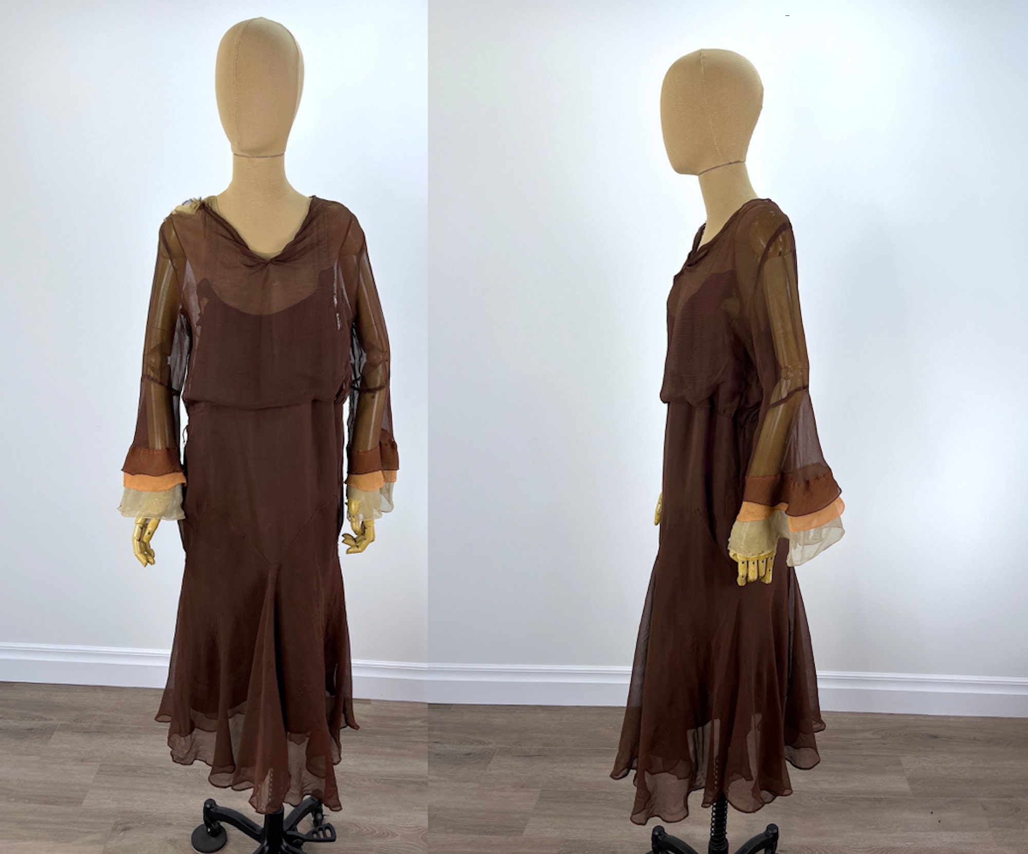 Vintage Late 1920s/early 1930s Brown, Beige and Orange Chiffon