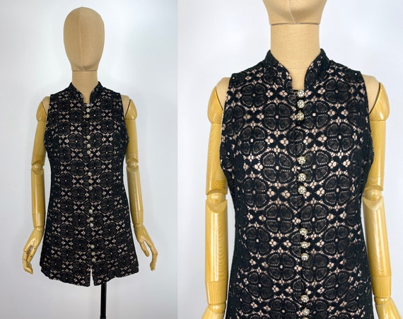 Vintage 1960s Black Illusion Lace Vest/Micro Mini… - image 1