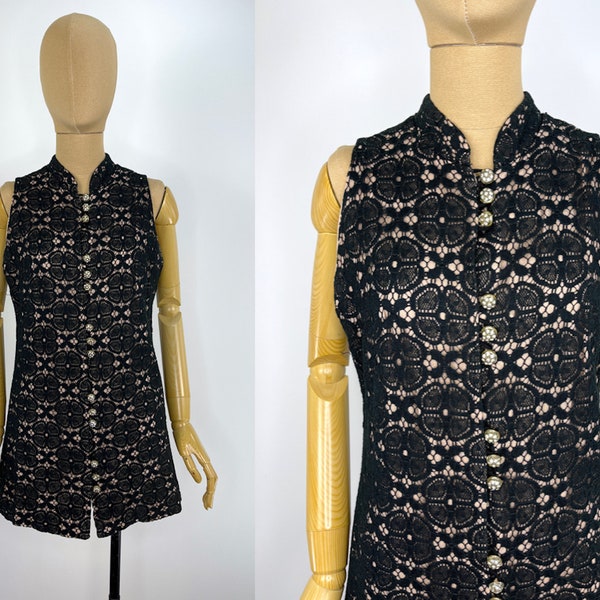 Vintage 1960s Black Illusion Lace Vest/Micro Mini.  Vintage Rhinestone Buttons.  Worn as Vest or Micro Mini