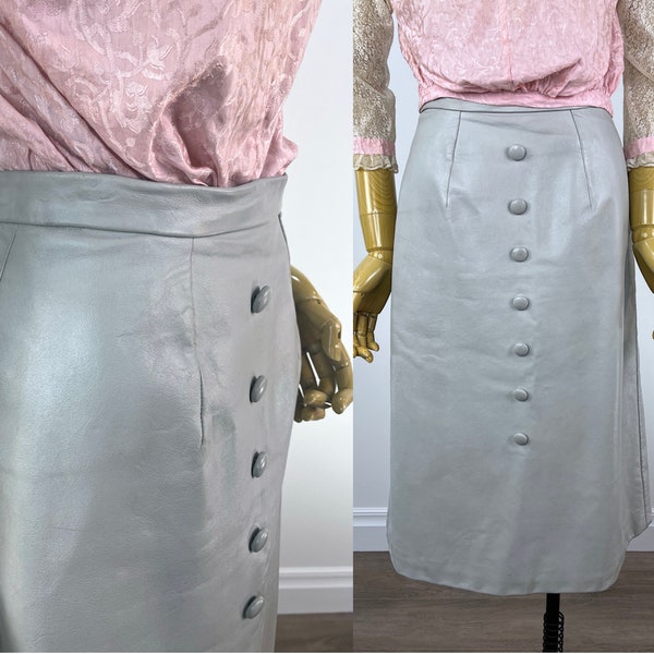 Vintage 1960s Dove Grey Leather A-Line Skirt with Covered Buttons, Handmade
