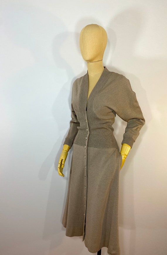 Vintage 1950s Tan Wool Sweater Dress with Shaped … - image 2