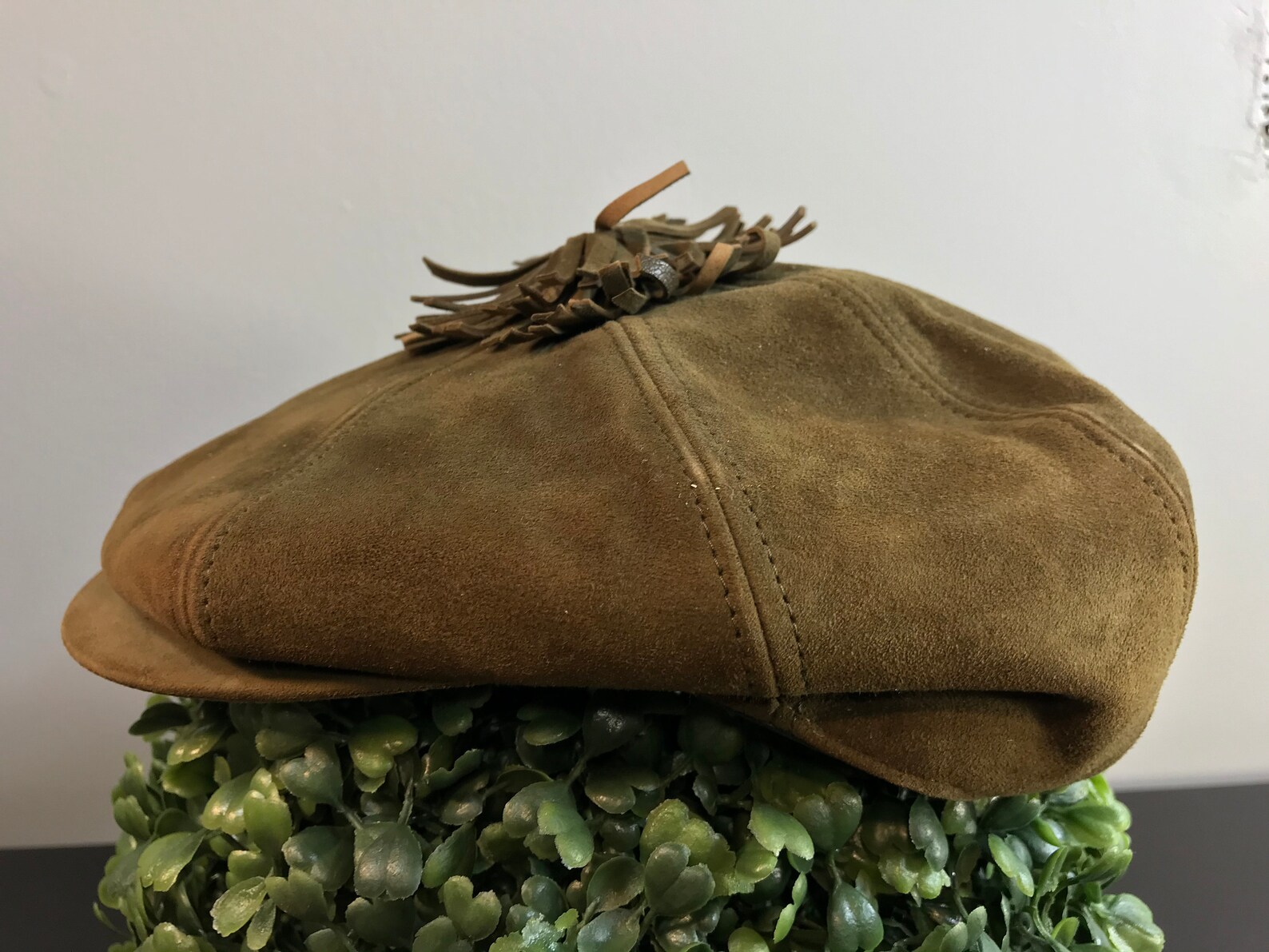 Vintage Olive Green Suede Newsboy Cap With Suede Fringe Pom Etsy