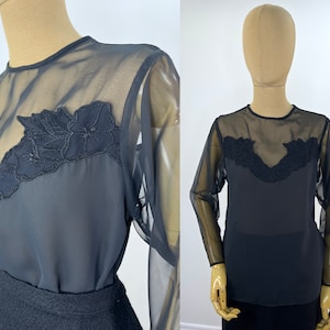 Vintage 1950s Black Chiffon Blouse with Embroidered Floral Appliqué Décolletage and Covered Buttons. Originally Owned by Donna Staples