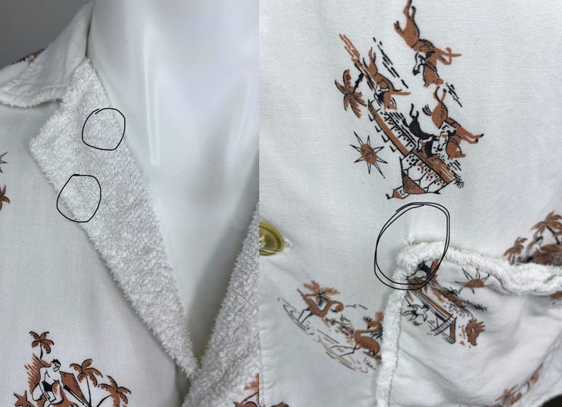 May include: White button-up shirt with a brown and black tropical print featuring palm trees and figures. The collar and lapels have a textured, terry cloth-like appearance. The shirt has a single gold button.
