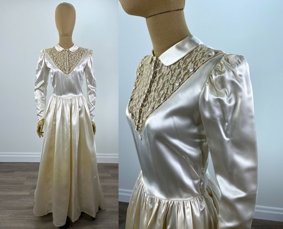 Vintage 1948 Handmade Ivory Satin Wedding Gown. Lace Yoke Covered Buttons Peter Pan Collar Gathered Skirt Includes Original Pattern Etsy Canada