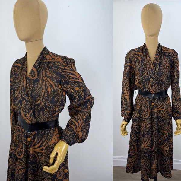 Vintage Late 1970s/Early 80s Surplice Black & Brown Paisley and Leaf Pattern Dress with Elastic Waistband. Black Faux Snakeskin Shaped Belt