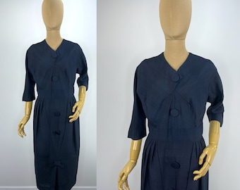 Vintage Late 1950s/Early 1960s Deep Navy Blue Silk Dupioni Wiggle Dress With Large Buttons and Architectural Seaming.  Great Vintage Size