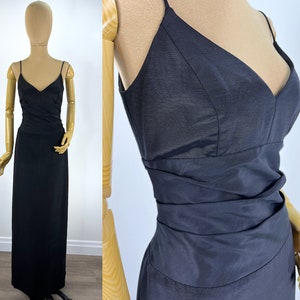 Vintage 1990s Black Faille Nicole Miller Evening Dress with Fitted Bodice and Column Skirt.  Size 6