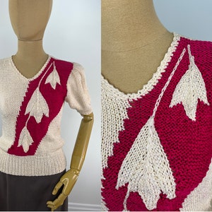 Vintage 1980s Ivory and Pink Puff Sleeve V-Neck Sweater with Large Scale Flowers by Lillie Rubin