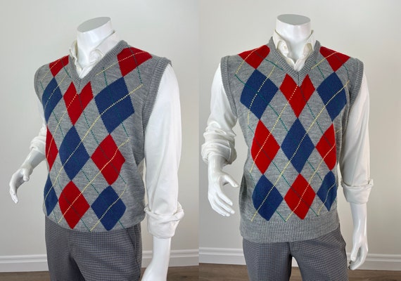 Vintage 1980s Men's Argyle Sweater Vest In Grey, … - image 1