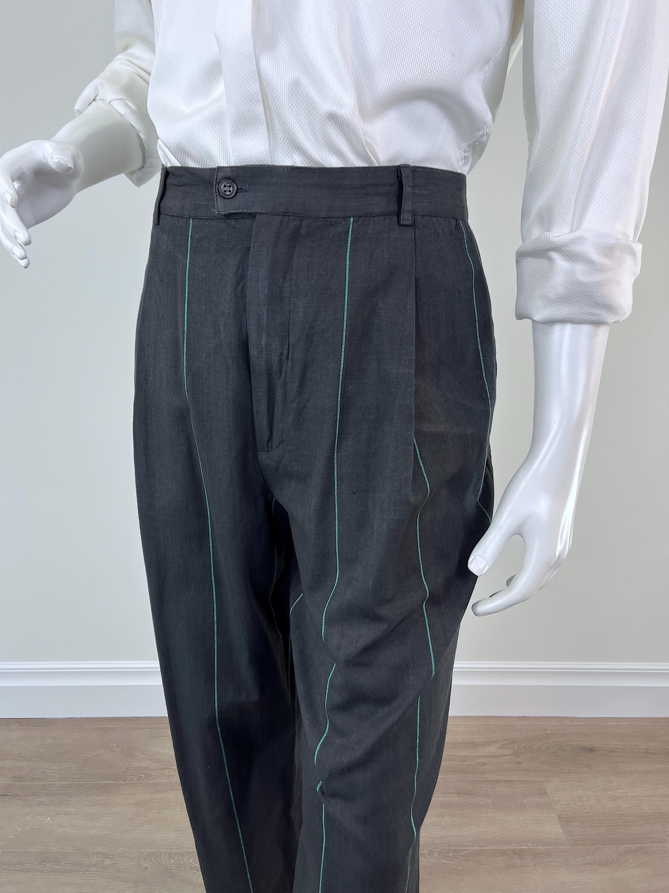 Vintage Late 1980s/early 1990s Black Cotton Linen Pants With Green
