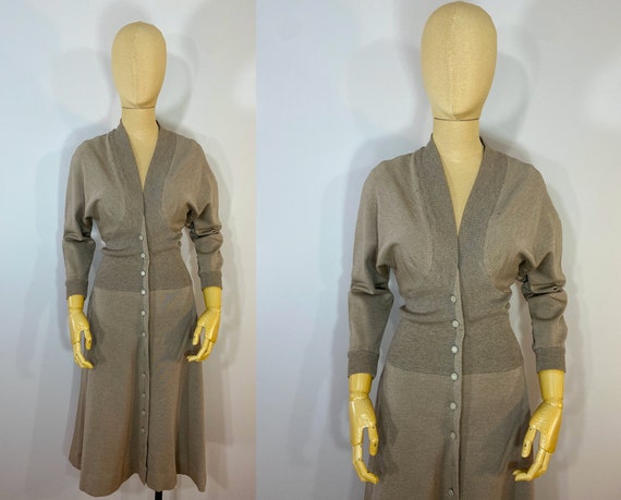 Vintage 1950s Tan Wool Sweater Dress with Shaped … - image 1