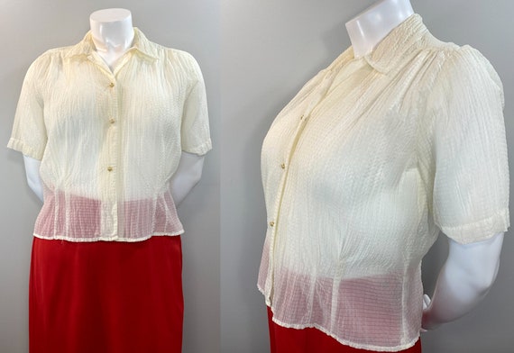 Vintage 1950s Ivory Textured Blouse with Pearl Bu… - image 3