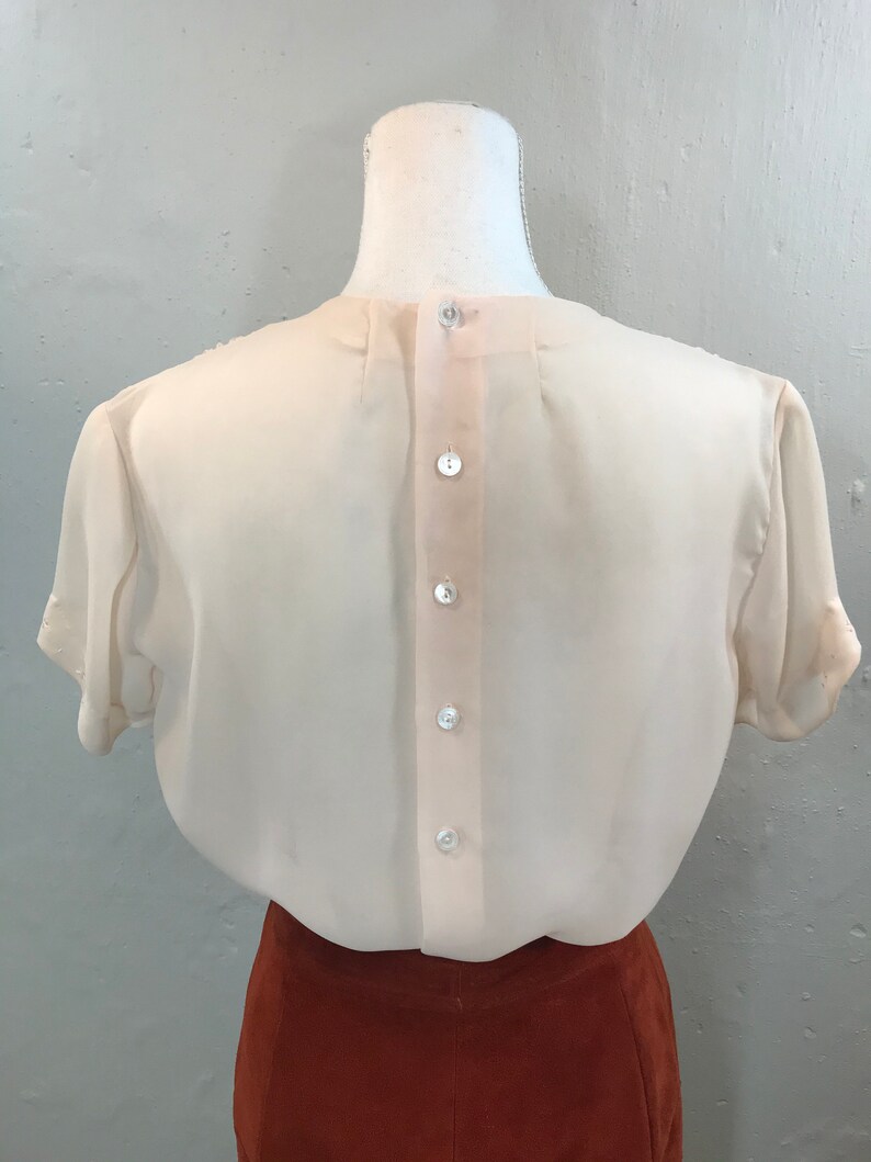 Vintage 1980s Sheer Blush Short Sleeve Shell with Floral Embroidery Buttons Up the Back