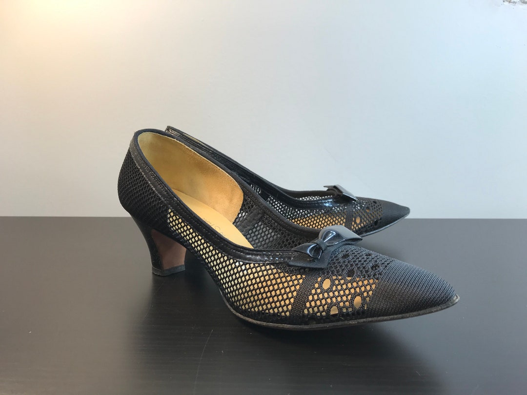 Vintage 1950s Black Mesh and Patent Leather Red Cross Shoes. Size 7 1/2 ...