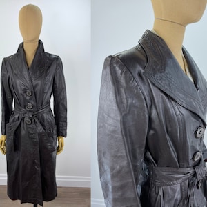 Vintage 1970s Dark Chocolate Colored Leather Trench Coat with Wide Lapels, Shaped Yoke, Large Buttons and Waist Tie