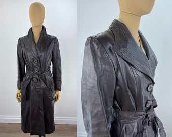 Vintage 1970s Dark Chocolate Colored Leather Trench Coat with Wide Lapels, Shaped Yoke, Large Buttons and Waist Tie