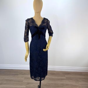 Vintage 1950s Navy Blue Lace Cocktail Dress With a Silk Velvet Ribbon Appliqué, Lined With Taffeta