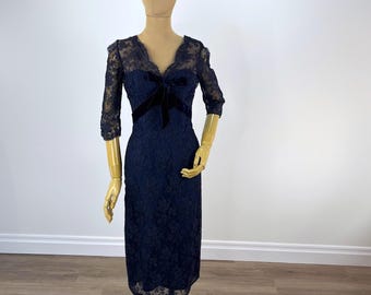 Vintage 1950s Navy Blue Lace Cocktail Dress With a Silk Velvet Ribbon Appliqué Lined With Taffeta