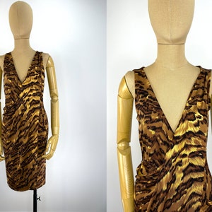 Vintage Tiger Print Diane von Furstenberg Asymmetrically Draped Silk Dress, Size 4.  Plunging Neckline