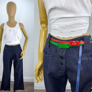 Vintage 1970s Dark Denim Button Fly Jeans 100% Cotton, Anchor Buttons.  Vintage Denim Capri/Ankle Length or Petite