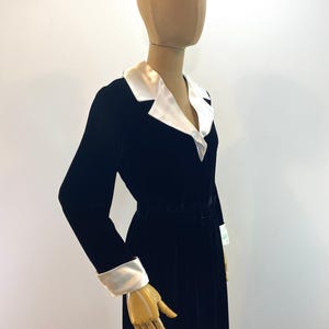 Classic Black Velvet Dress Timeless Evening Style Vintage 1940s Maxi Gown Ivory Satin Collar Wide Lapel Detail Formal Occasion Wear Fitted Bodice Gathered Skirt Designer Original Label Cocktail Party Attire Elegant Retro Fashion Special