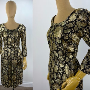 Vintage Late 1950s/Early 1960s Gold Lame and Black Floral Wiggle Dress.  1950s Jacquard Lamé Wiggle Dress by Royal India.