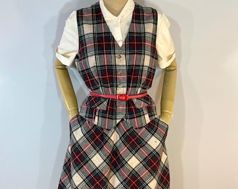 Vintage 1970s/1980s Red and Green Plaid Vest and Skirt Set.  A-Line Red and Green Plaid Skirt, Matching Vest Set.  Howard Wolf Size 8