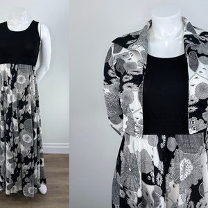 Vintage 1970s Black and White Floral Maxi Dress with Matching Cropped Jacket by Cirette.  Great Vintage Size
