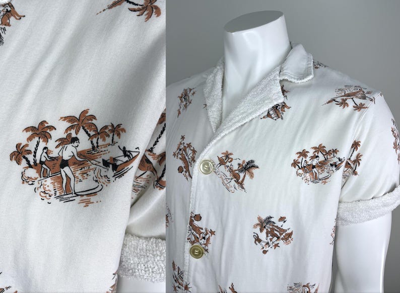 May include: White button-up shirt with a brown and white tropical print featuring palm trees and people surfing. The shirt has short sleeves and a terry cloth collar and cuffs. The shirt is displayed on a white mannequin.