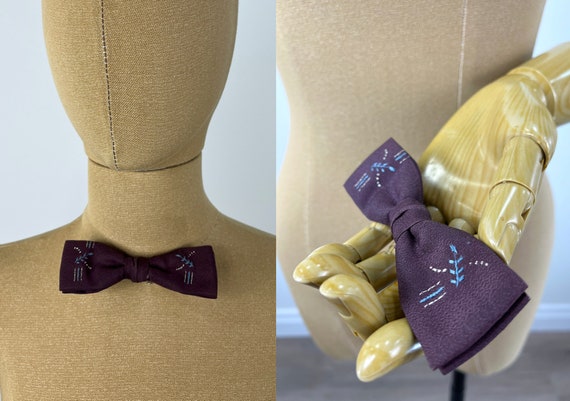 Vintage 1950s Eggplant Clip-On Bowtie with Blue a… - image 1