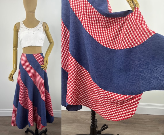 Vintage 1970s Red and White Gingham and Blue Cott… - image 1