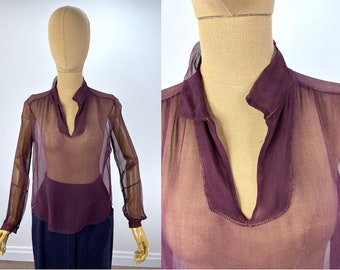 Vintage 1930s Purple Chiffon Blouse With Faggoting and Gathered Cuffs.  Vintage 1920s Purple Chiffon Blouse