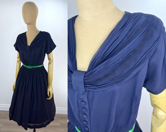 Vintage 1950s Navy Blue Fit and Flare Dress With Narrow Pleated Neckline and Front Gathered Full Skirt by Forever Young by Puritan