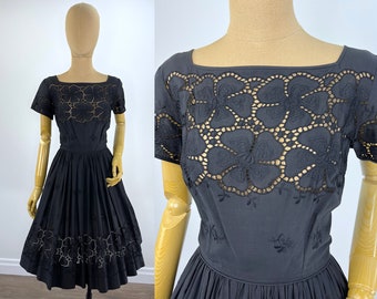 Vintage 1950s Black Cotton Floral Eyelet Dress with a Full Skirt.  1950s Fit and Flare Dress by R & K Originals