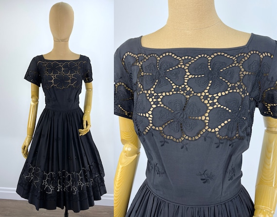 Vintage 1950s Black Cotton Floral Eyelet Dress wi… - image 1